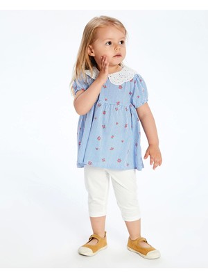 Lcw Kids Ekru Çiçekli Fırfırlı Kız Çocuk Bluz ve Tayt 2'li