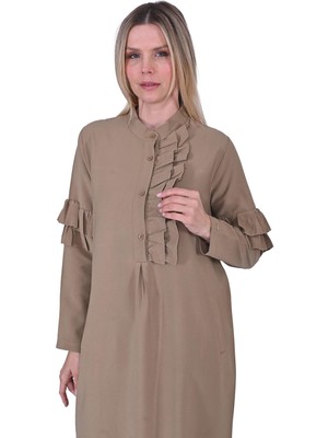 Invee Patlı Fırfır Elbise CAMEL
