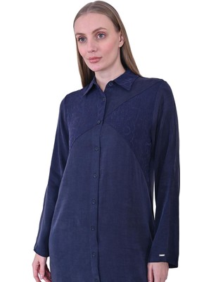 Yılan Desen Lyosel Uzun Gömlek Lacivert