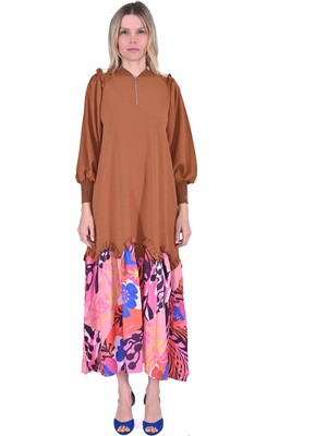 Etek Ucu Renkli Elbise Kahve