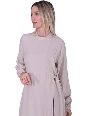 Yan Bağcıklı Elbise Bej