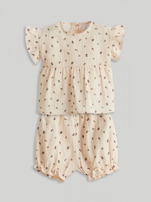 Lcw Baby Bej Çiçekli Müslin Kız Bebek Bluz ve Şort 2'li