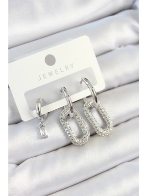 Pirinç Zirkon Taşlı Dikdörtgen Model Gümüş Renk 3'lü Çift Kadın Küpe Set