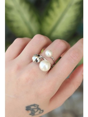Pirinç Gümüş Renk Ayarlanabilir Inci Taşlı Yüzük