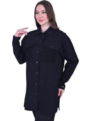 Güpür Cep Gömlek Siyah