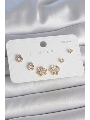 Pirinç Gold Renk Zirkon Taşlı Kar Tanesi Model 925 Ayar Gümüş Çivi Kadın Küpe Seti