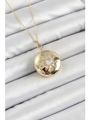 316L Çelik Zincir Açılabilir Madalyon Model Zirkon Taşlı Gold Renk Kadın Kolye