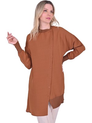 Triko Detaylı Asimetrik Gömlek Tarçın