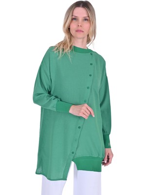 Triko Detaylı Asimetrik Gömlek Yeşil