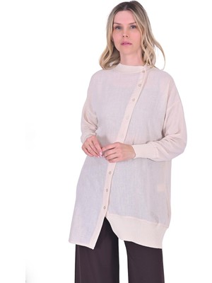 Triko Detaylı Asimetrik Gömlek Bej