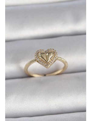 Pirinç Gold Renk Ayarlanabilir Zirkon Taşlı Kalp Model Kadın Yüzük