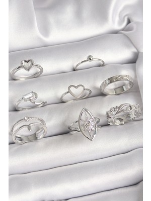 Pirinç Gümüş Renk Zirkon Taşlı Kalp Kutup Yıldız Figür Kadın Yüzük Kombini