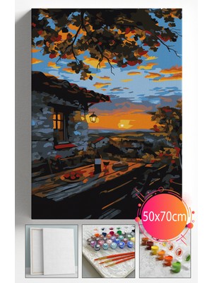 Sayılarla Boyama Seti Numaralı Tuval Fırça Boya Dahil Kasnaklı Set 50X70 cm -Günbatımı Şarap