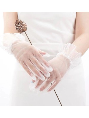 Kısa Boy Likralı Güpürlü Yetişkin Tül Eldiven Beyaz Renk (5047)