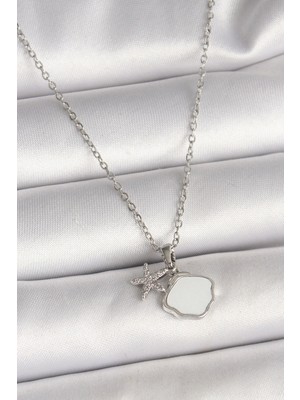 316L Çelik Gümüş Renk Zincir Sallantı Beyaz Mineli Deniz Kabuğu Zirkon Taşlı Deniz Yıldızı Figür Kadın Kolye