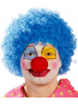 Mavi Renk Kıvırcık Afro Bonus Peruk Takma Saç ve Kırmızı Burun Seti (5047)