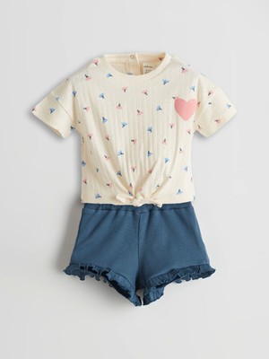 Lcw Baby Bej Beli Lastikli Kız Bebek Tişört ve Şort 2'li