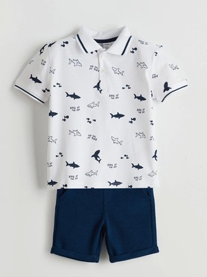 Lcw Kids Ekru Polo Yaka Baskılı Erkek Bebek Tişört ve Şort 2'li Takım