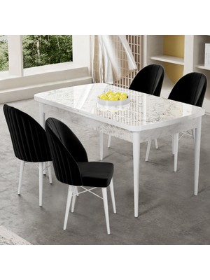 Gale Serisi 80X132 Açılabilir Lak Panel Beyaz Mermer Desen Mutfak Masa Takımı 4 Siyah Sandalye