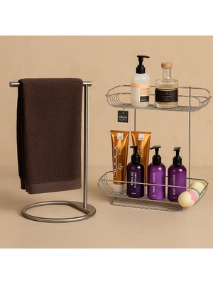 Metal Çok Amaçlı Silver Set Banyo Organizer Seti | Havlu Askısı + 2 Katlı Şampuanlık Raf