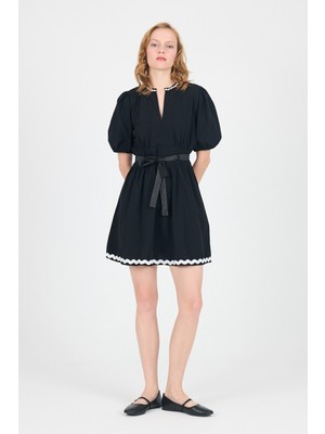 Siyah Terikoton Balon Kollu Bel Bağlamalı Mini Elbise 2617