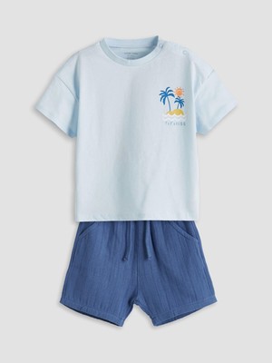 Lcw Baby Mavi Baskılı Erkek Bebek Tulum ve Şort 2'li