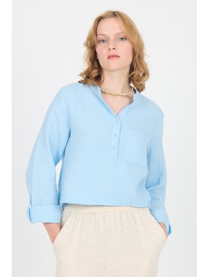 Bebe Mavi %100 Pamuk Keten Görünümlü Hakim Yaka Crop Gömlek 4702A