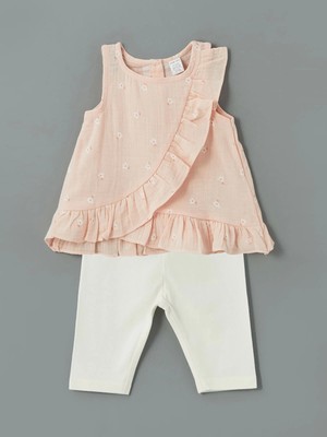 Lcw Baby Pembe Bisiklet Yaka Çiçekli Kız Bebek Bluz ve Tayt 2'li