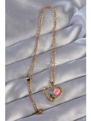 316L Çelik Zincirli Gold Renk Zirkon Taşlı Kalp Içinde Pembe Gül Tasarımlı Kolye
