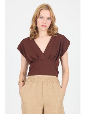 Kahve Vatkalı V Yaka Kruvaze Crop Bluz 4227