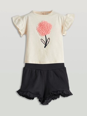 Lcw Baby Ekru Aplike Çiçekli Kız Bebek Bluz ve Şort 2'li
