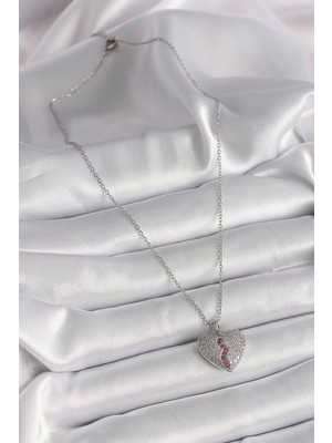 316L Çelik Gümüş Renk Zincir Zirkon Taşlı Kalp Model Kadın Kolye