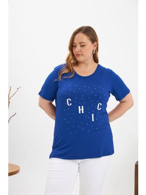 Büyük Beden Taş Detay Baskılı Tişört Saks