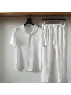 Alaçatı Stili Erkek Bürümcük Krinkıl Kumaş Yazlık Likralı Polo Yaka Tshirt ve Eşofman Takım Kombini