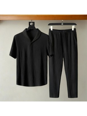 Alaçatı Stili Erkek Bürümcük Krinkıl Kumaş Yazlık Likralı Polo Yaka Tshirt ve Eşofman Takım Kombini