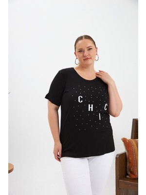 Büyük Beden Taş Detay Baskılı Tişört Siyah