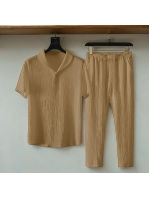 Alaçatı Stili Erkek Bürümcük Krinkıl Kumaş Yazlık Likralı Polo Yaka Tshirt ve Eşofman Takım Kombini