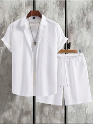 Erkek Beyaz Kısa Kollu Gömlek ve Şort Bürümcük Krinkıl Takım