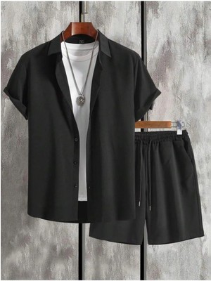Erkek Siyah Kısa Kollu Gömlek ve Şort Bürümcük Krinkıl Takım