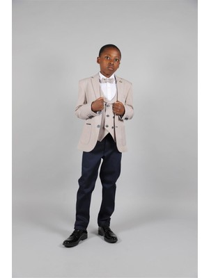 09 - 14 Yaş Erkek Çocuk Bej Keten Ceketli Takım