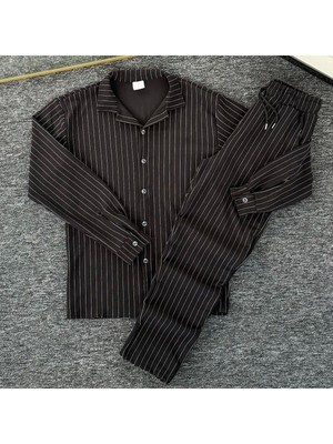 Alaçatı Stili Krep Kumaş Çizgi Detaylı Unisex Gömlek ve Pantolon Takım