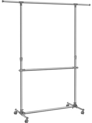 Elbise Askısı Yüksekliği Ayarlanabilir, Elbise Standı, Uzatılabilir Elbise Askısı, Orta Kısımda Ekstra Çubuk, (101-166) x 49 x (113-198) Cm, Gümüş/gri-Yeşil, LLR401