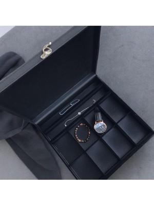 10 Bölmeli Deri Kaplamalı Aksesuar Takı Saat Kutusu Siyah