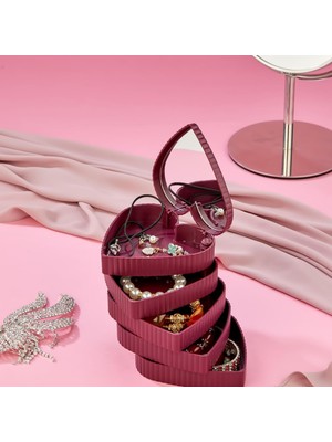 Çizgili Desenli Kalpli Mina 5 Katlı Aynalı Takı Organizeri Aynalı Takı Organizeri