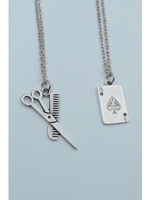 Bu Farklı 2'li Berber Makas Tarak Maça As Poker Erkek Kadın Kolye Seti - Kod:1127