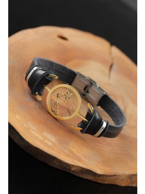 Gold Renk Yıldızlı Metal Aksesuarlı Siyah Deri Erkek Bileklik