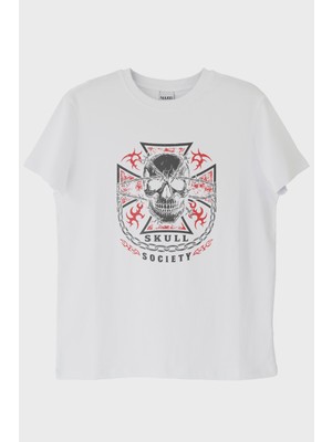Nuugg Skull Society Kafatası Tasarımlı Beyaz Tişört (Xs)