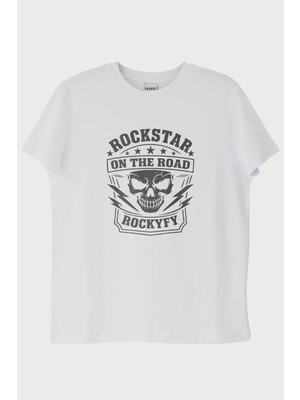 NUUGG Rockstar On The Road Kafatası Baskılı Beyaz Tişört