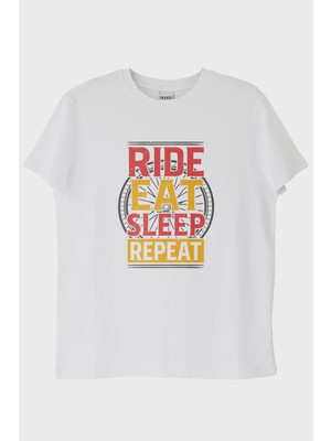 Nuugg Ride Eat Sleep Repeat Baskılı Beyaz Tişört (Xl)