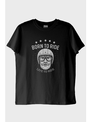Nuugg Born To Ride Live To Road Baskılı Motosiklet Temalı Siyah Tişört (L)